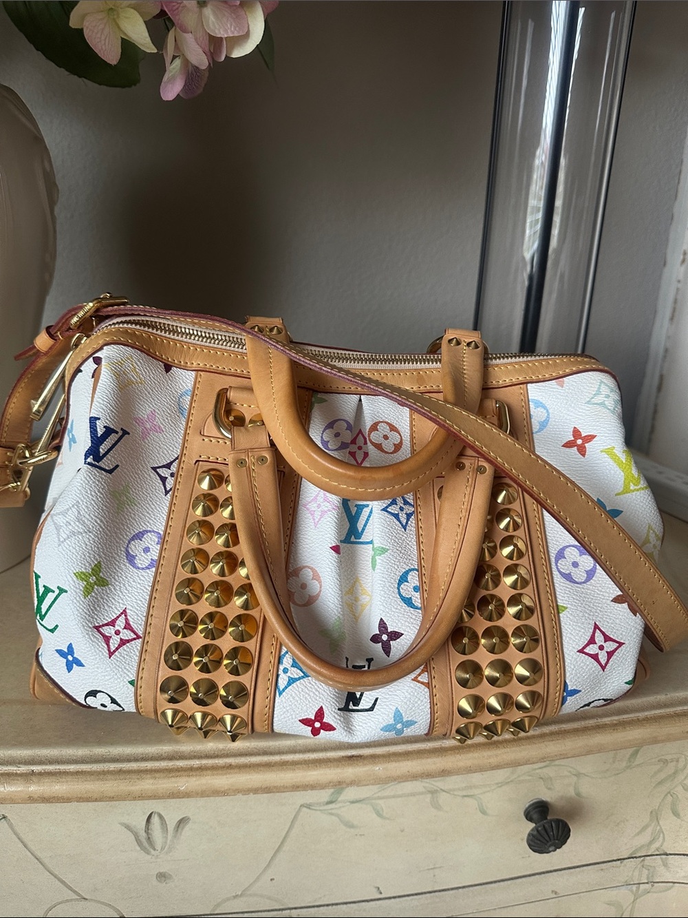 Louis Vuitton White Multicolor Monogram Studded Satchel with Tan Trim